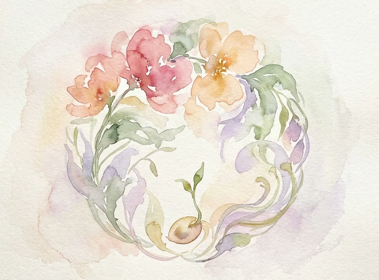 Aquarela em técnica Lazur com flores em tons de pêssego, rosa e ocre e uma semente germinando ao centro