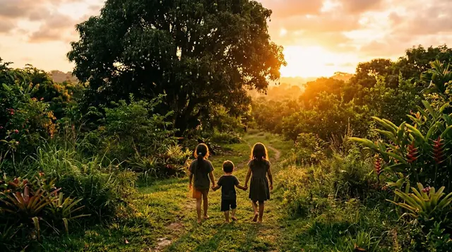 Três crianças de costas caminhando descalças em direção a uma grande mangueira ao entardecer