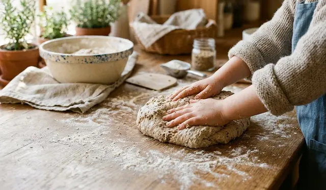 Mãos amassando pão integral sobre mesa de madeira polvilhada de farinha