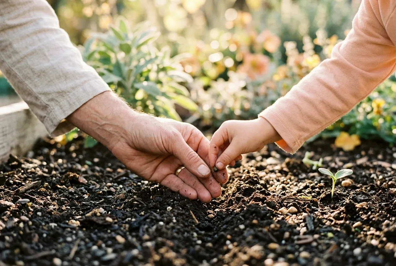 Mão de um adulto e mão de uma criança colocando juntas uma semente na terra escura, ao lado de um broto