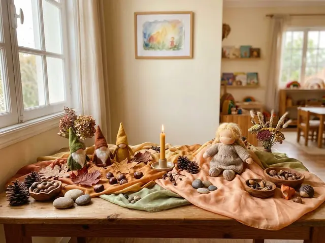 Mesa da época com sedas em tons pêssego e sálvia, pinhas e elementos da natureza